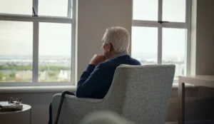 man looking outside in a chair