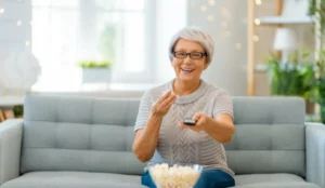 lady turning on the tv with a remove smiling and eating popcorn