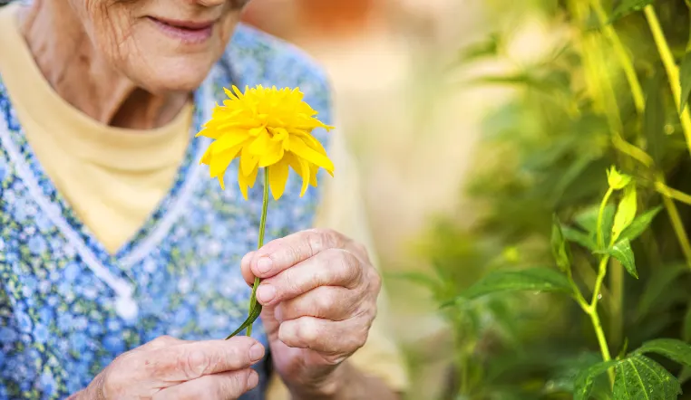 senior smelling a flower outside