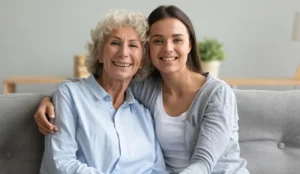 daughter and senior mom looking at camera smiling