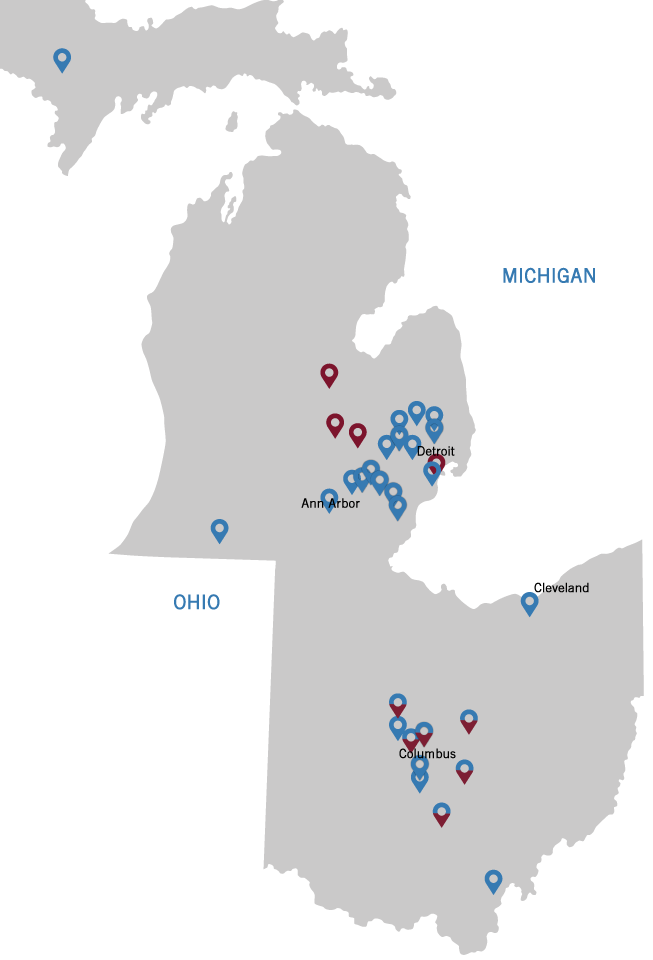 Map showing Optalis and Cranberry Park locations in OH and MI