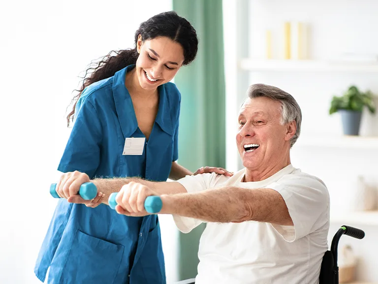nurse evaluating elder in a rehab care meeting